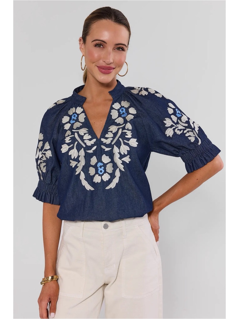 THML Navy Floral Denim Embroidered Top